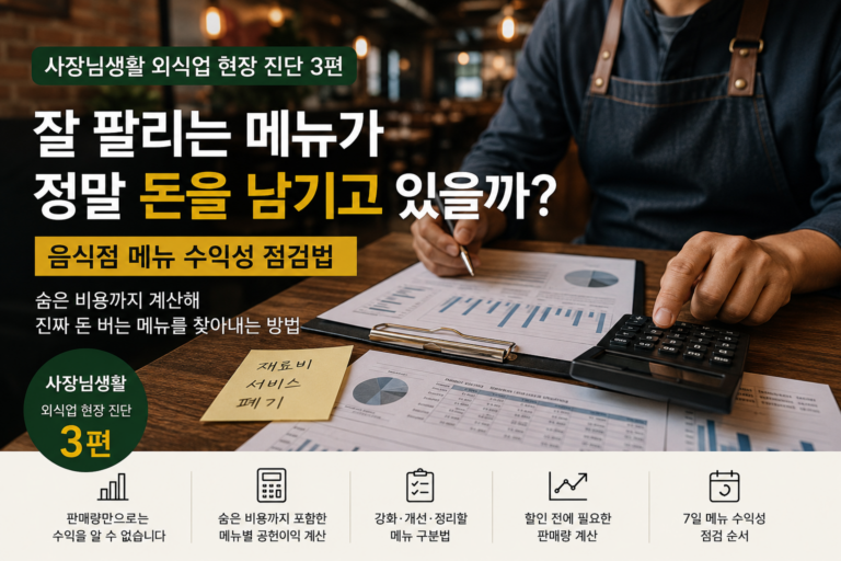 음식점 메뉴 수익성을 계산하는 외식업 사장님과 메뉴별 공헌이익 분석표