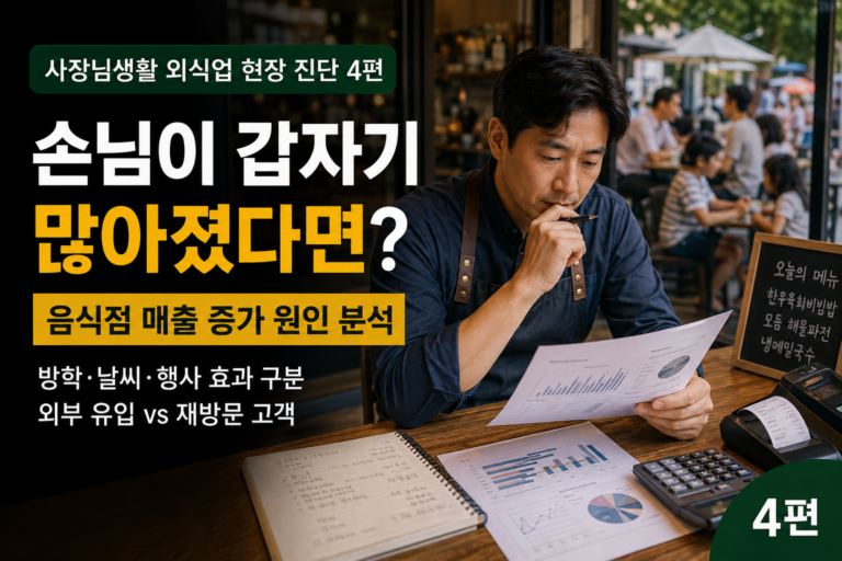 음식점 매출 증가 원인을 방학 날씨 행사와 재방문 고객으로 분석하는 외식업 사장님