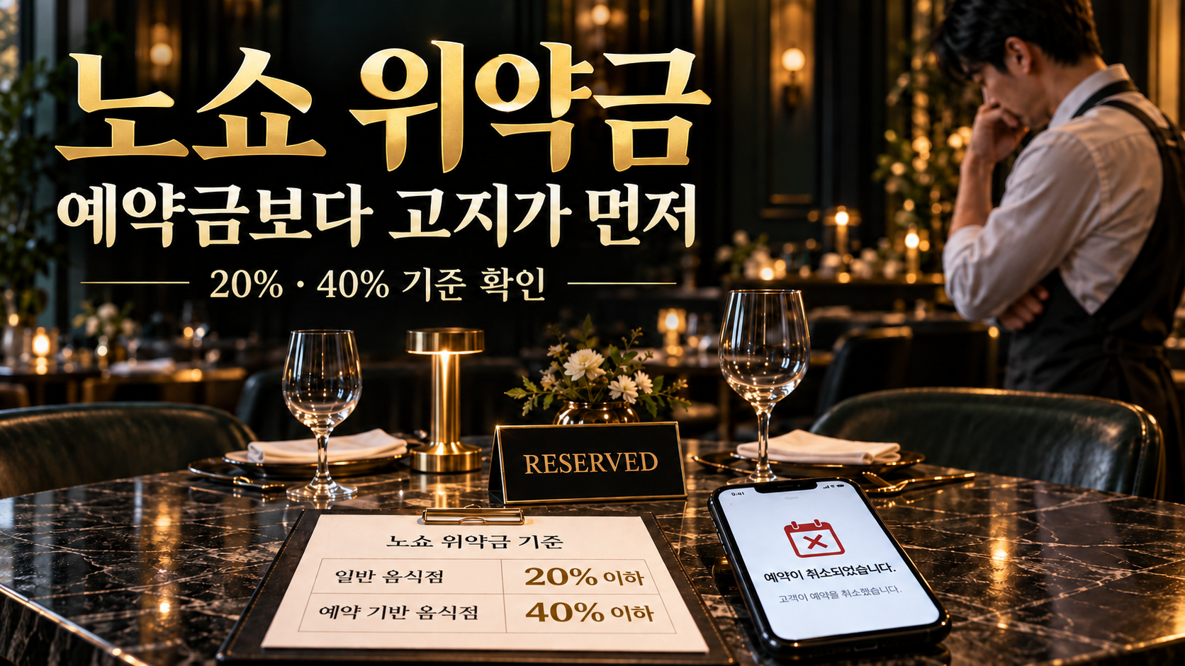 음식점 노쇼 위약금과 예약 전 사전고지를 상징하는 고급 레스토랑 예약석 안내 이미지