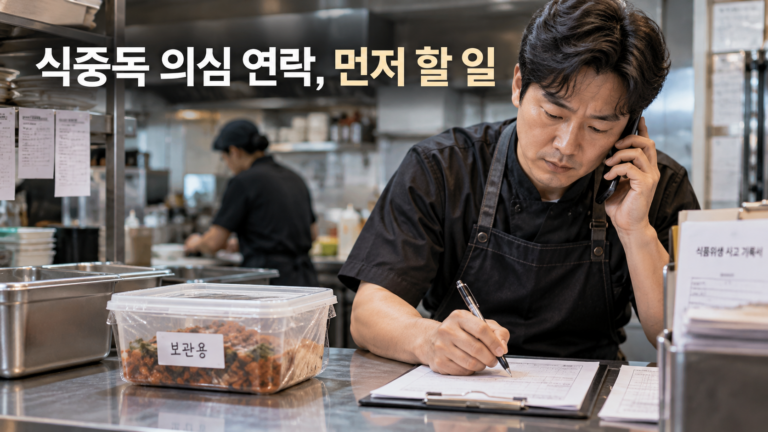 음식점 식중독 의심 민원을 받은 사장님이 전화 내용을 기록하고 의심 식품을 보관하는 모습