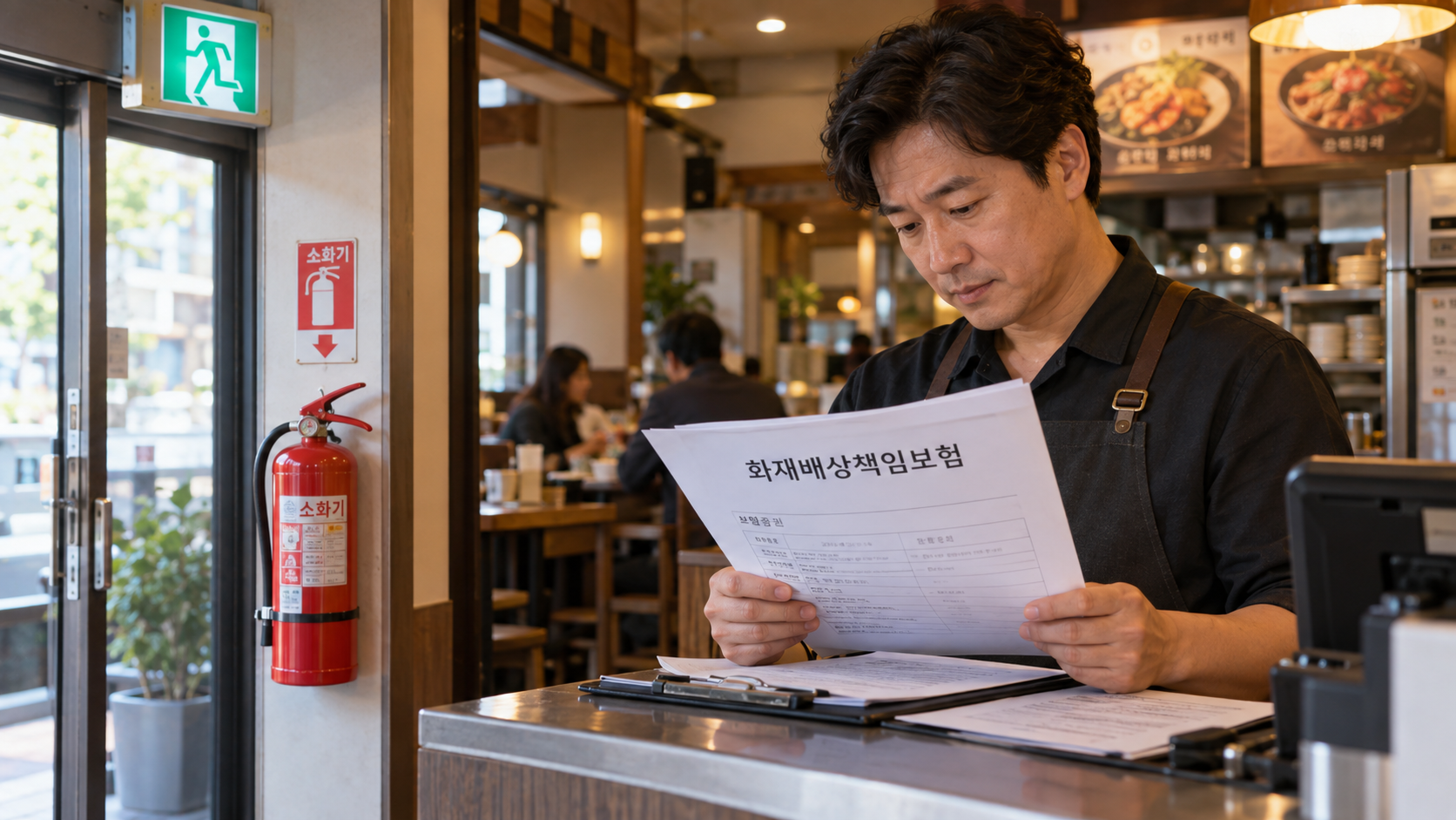 음식점 운영자가 소화기 옆에서 화재배상책임보험 서류를 확인하는 모습