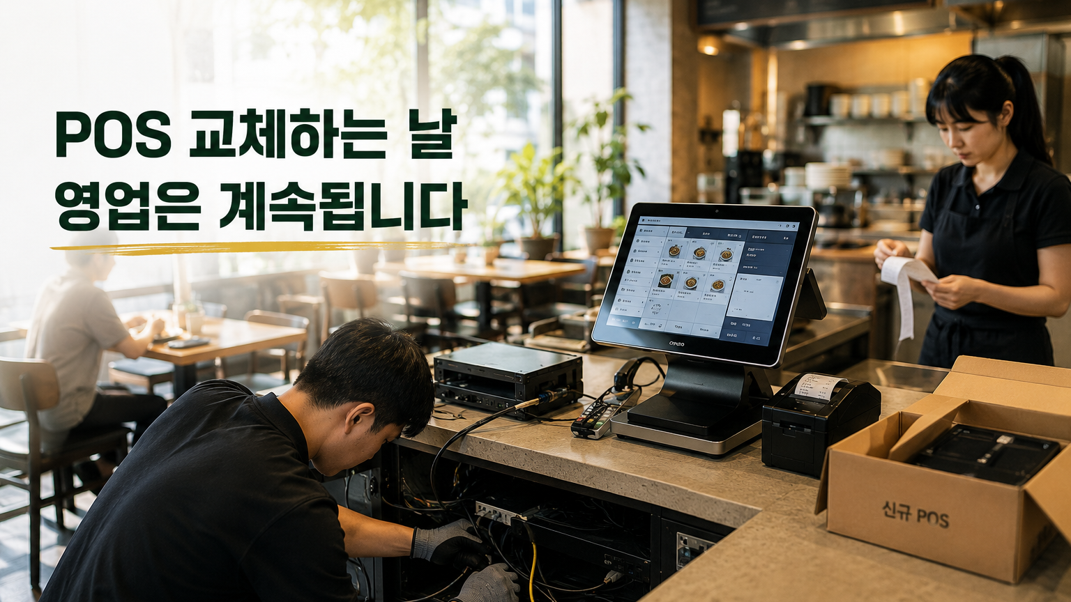 영업 중인 음식점에서 POS 교체 작업을 진행하는 실제 매장 장면