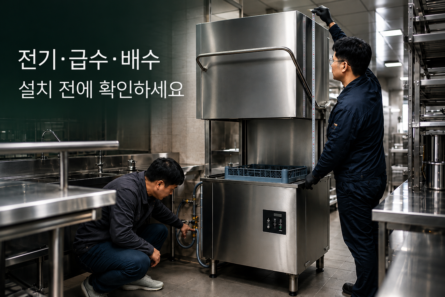 업소용 식기세척기 설치 전 전기 급수 배수와 도어 열림 높이를 확인하는 음식점 주방
