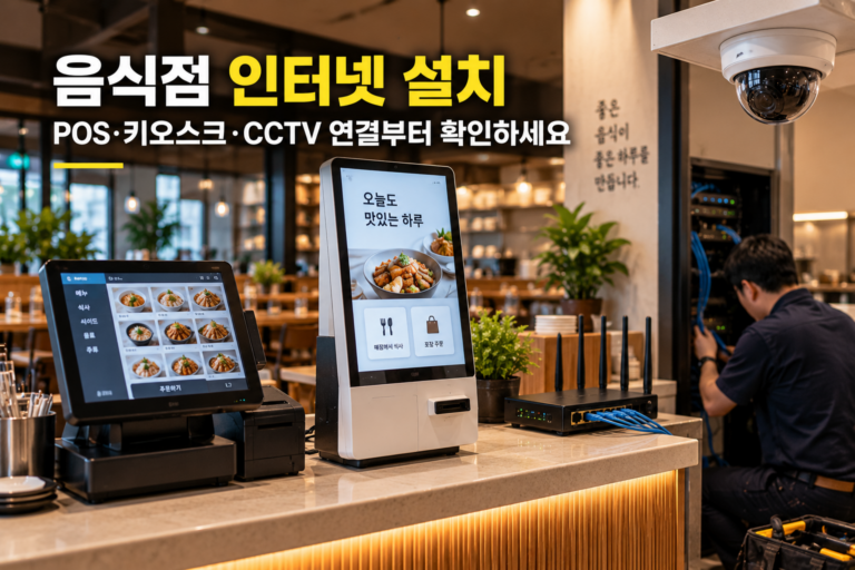 음식점 인터넷 설치 전 POS·키오스크·CCTV와 공유기 연결 구조를 보여주는 대표이미지