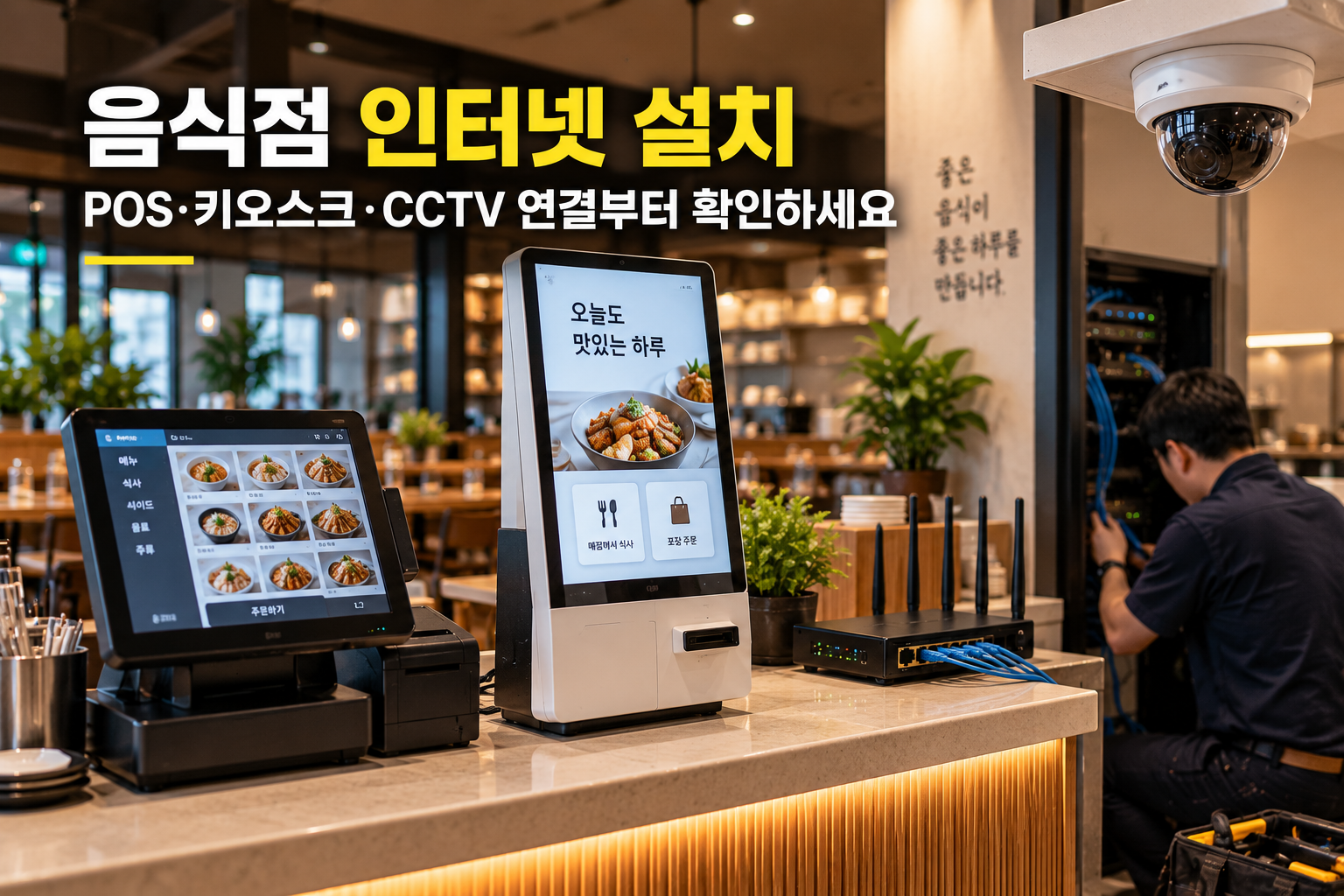 음식점 인터넷 설치 전 POS·키오스크·CCTV와 공유기 연결 구조를 보여주는 대표이미지