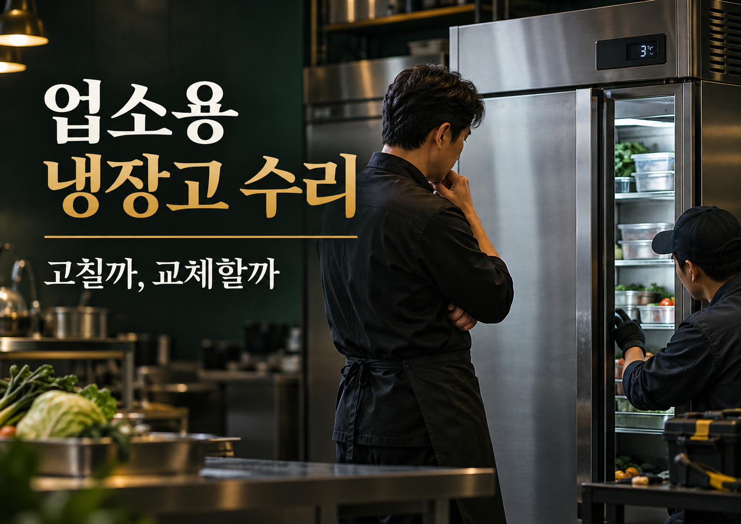 업소용 냉장고 수리 전 고칠지 교체할지 고민하며 냉장고를 점검하는 음식점 주방