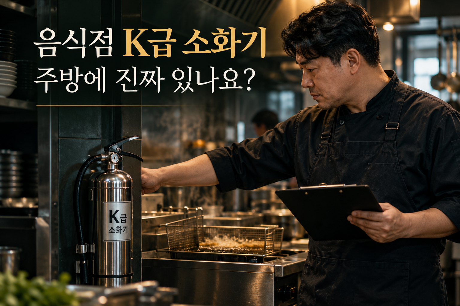 음식점 K급 소화기와 주방 화재 안전 상태를 점검하는 대표이미지