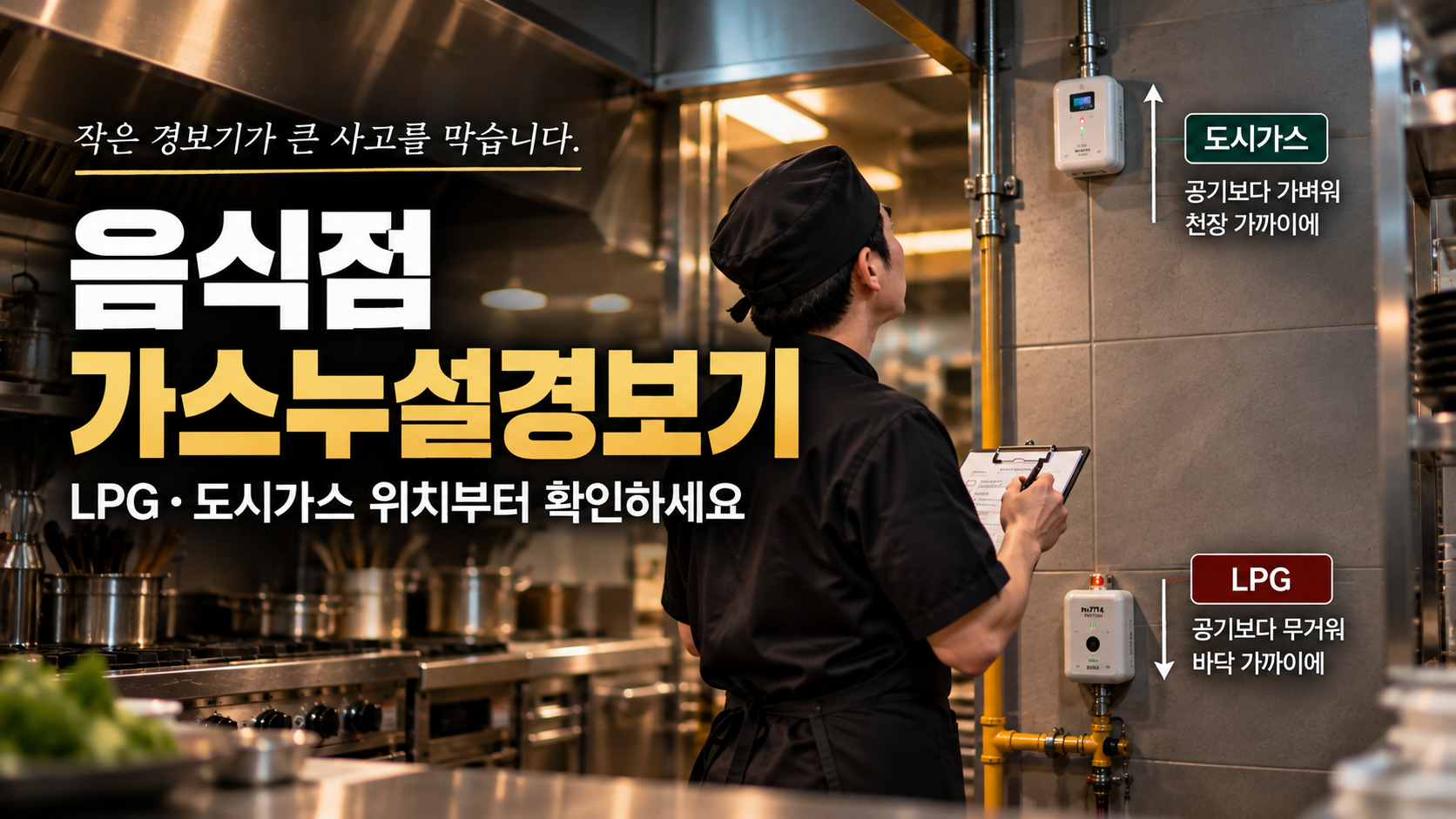 음식점 가스누설경보기 설치 위치를 점검하는 주방 대표이미지