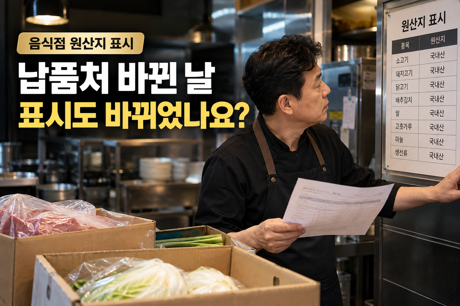 음식점 원산지 표시를 납품처 변경일에 점검하는 사장님과 원산지 표시판