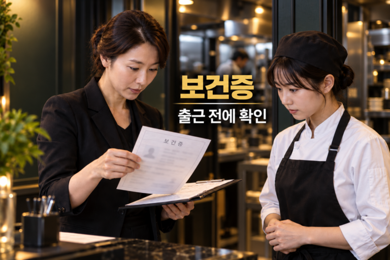 음식점 보건증을 출근 전에 확인하는 매장 관리자와 새 직원