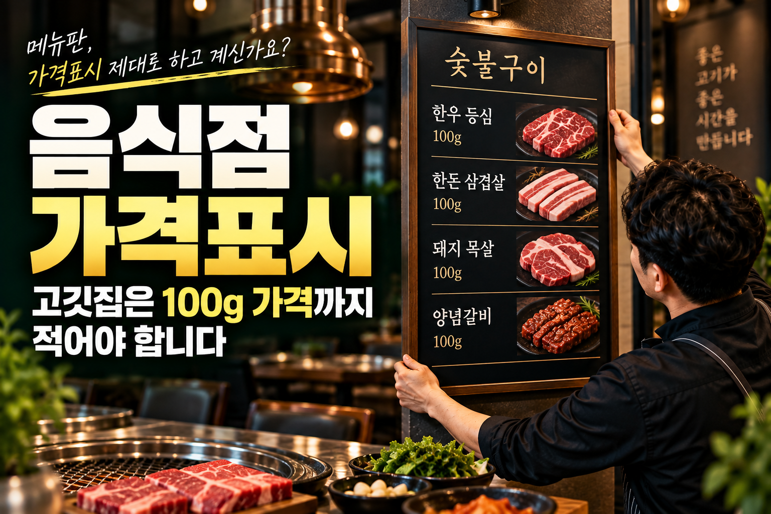 음식점 가격표시 기준을 확인하며 메뉴판을 정리하는 고깃집 매장