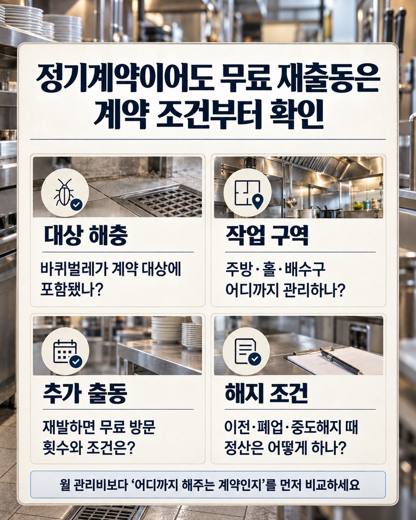 음식점 해충방제 정기계약 전 대상 해충 작업 구역 추가 출동 해지 조건 확인